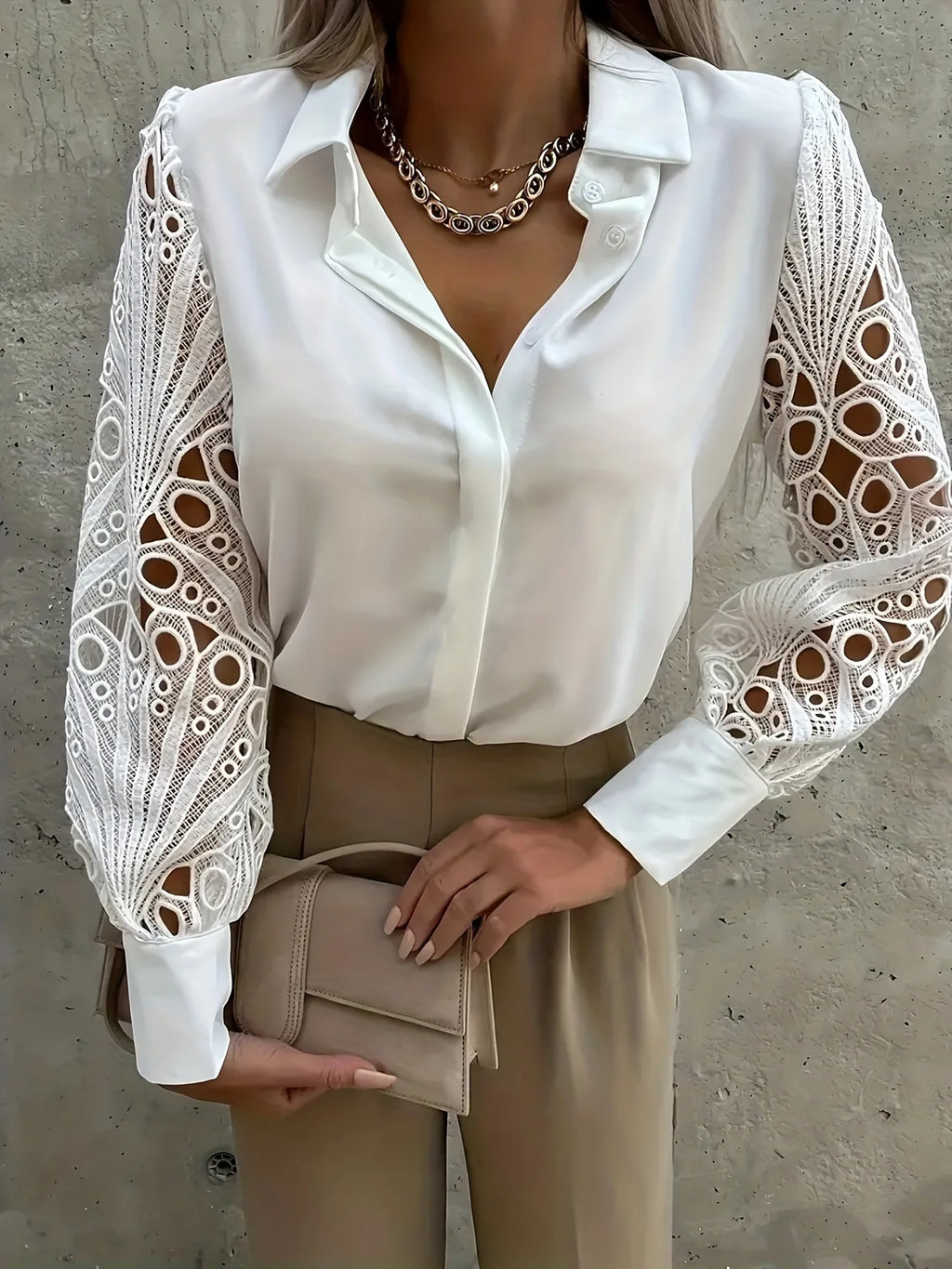 Camisa con mangas de encaje calado Alba - Blanco