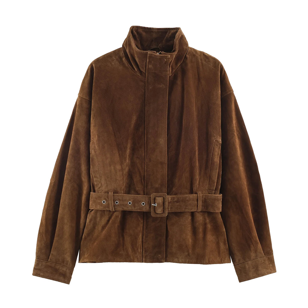 Chaqueta de ante sintético con cinturón Gala - Marrón