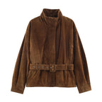 Chaqueta de ante sintético con cinturón Gala - Marrón