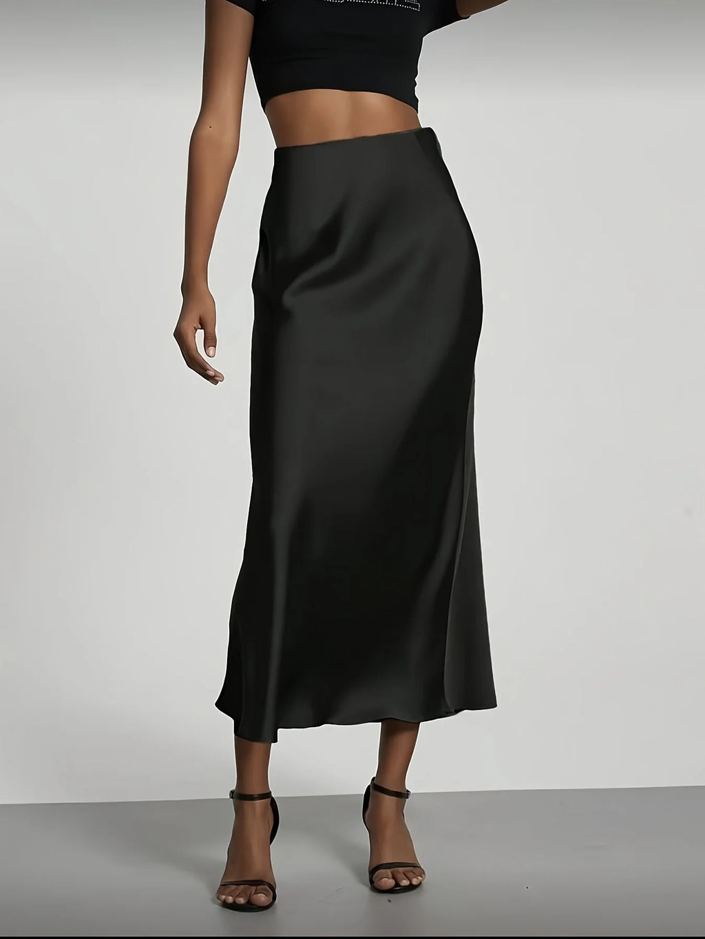 Falda midi de satén Bianca - Negro