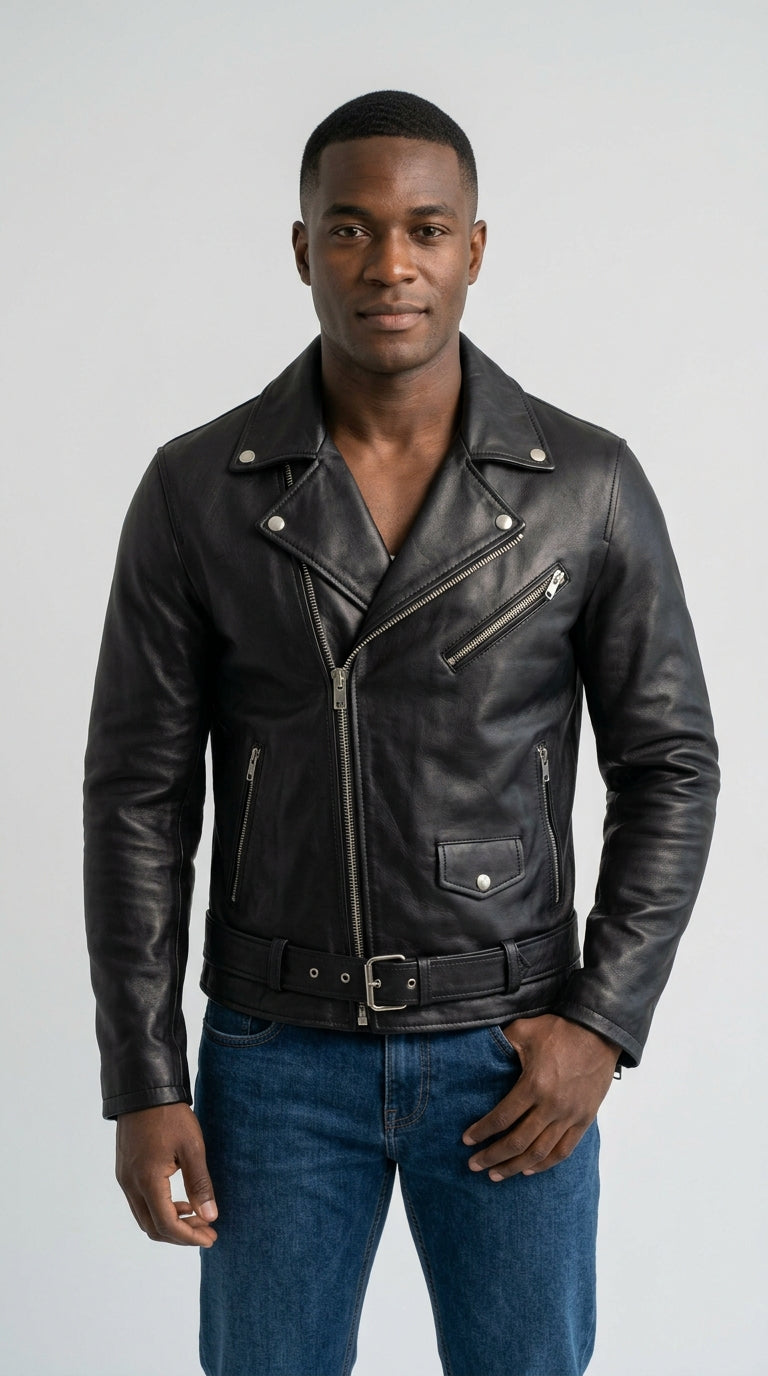 Axel Leather Jacket - modelo con chaqueta motera de cuero negro