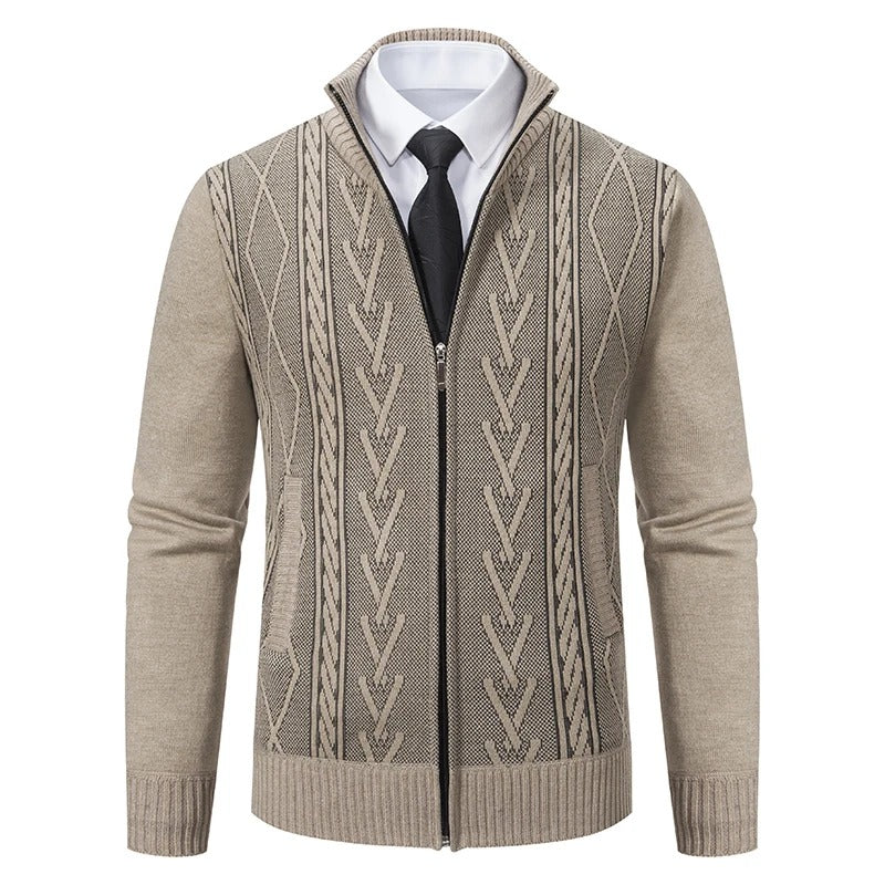Chaqueta de punto trenzado con cremallera en beige, vista frontal