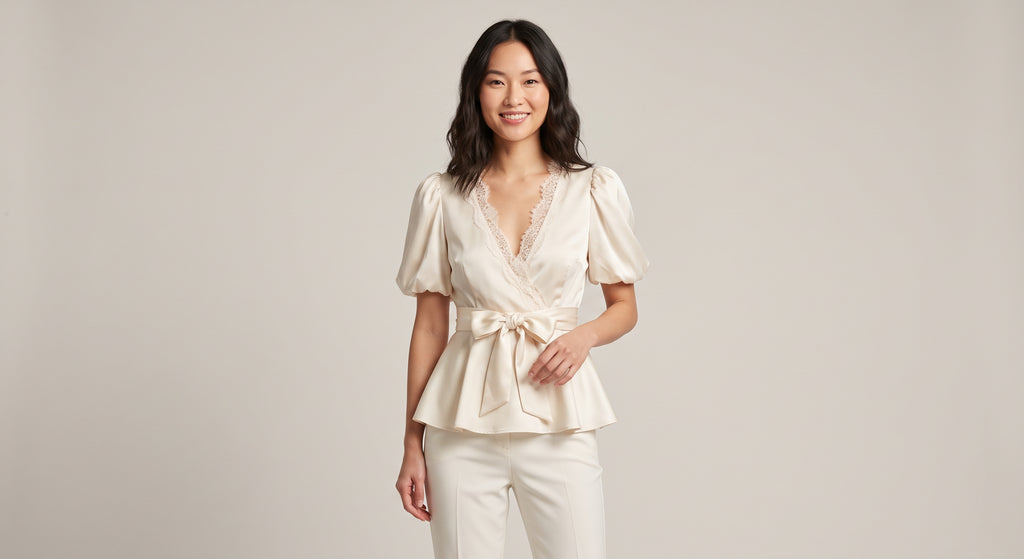 Clara Satin Lace Blouse - blusa saten marfil con encaje y lazo en la cintura