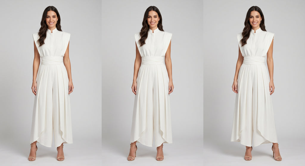 Clara Pleated Midi Dress - conjunto marfil con top cuello alto y pantalón ancho plisado