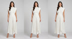 Clara Pleated Midi Dress - conjunto marfil con top cuello alto y pantalón ancho plisado