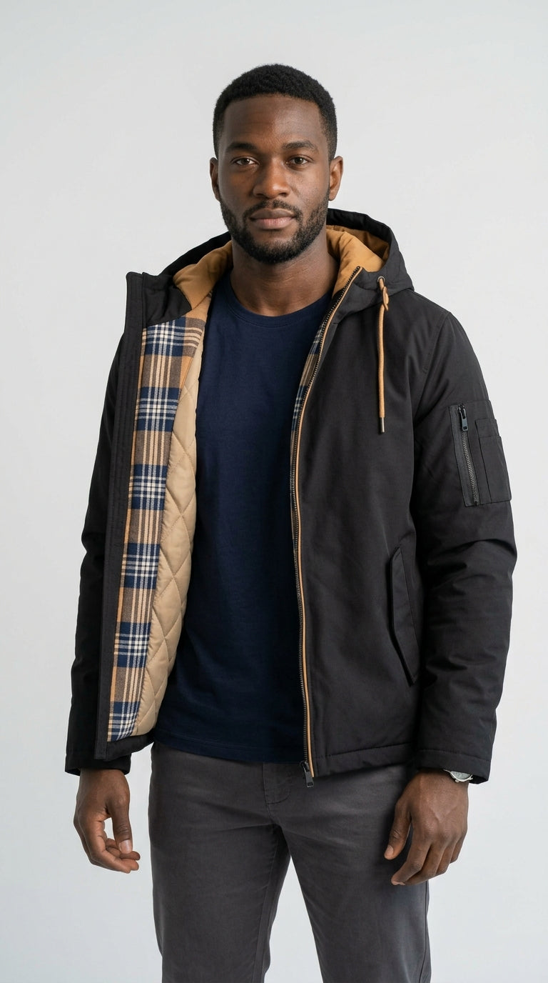 Frostline Explorer Jacket - chaqueta negra con capucha camel y forro a cuadros