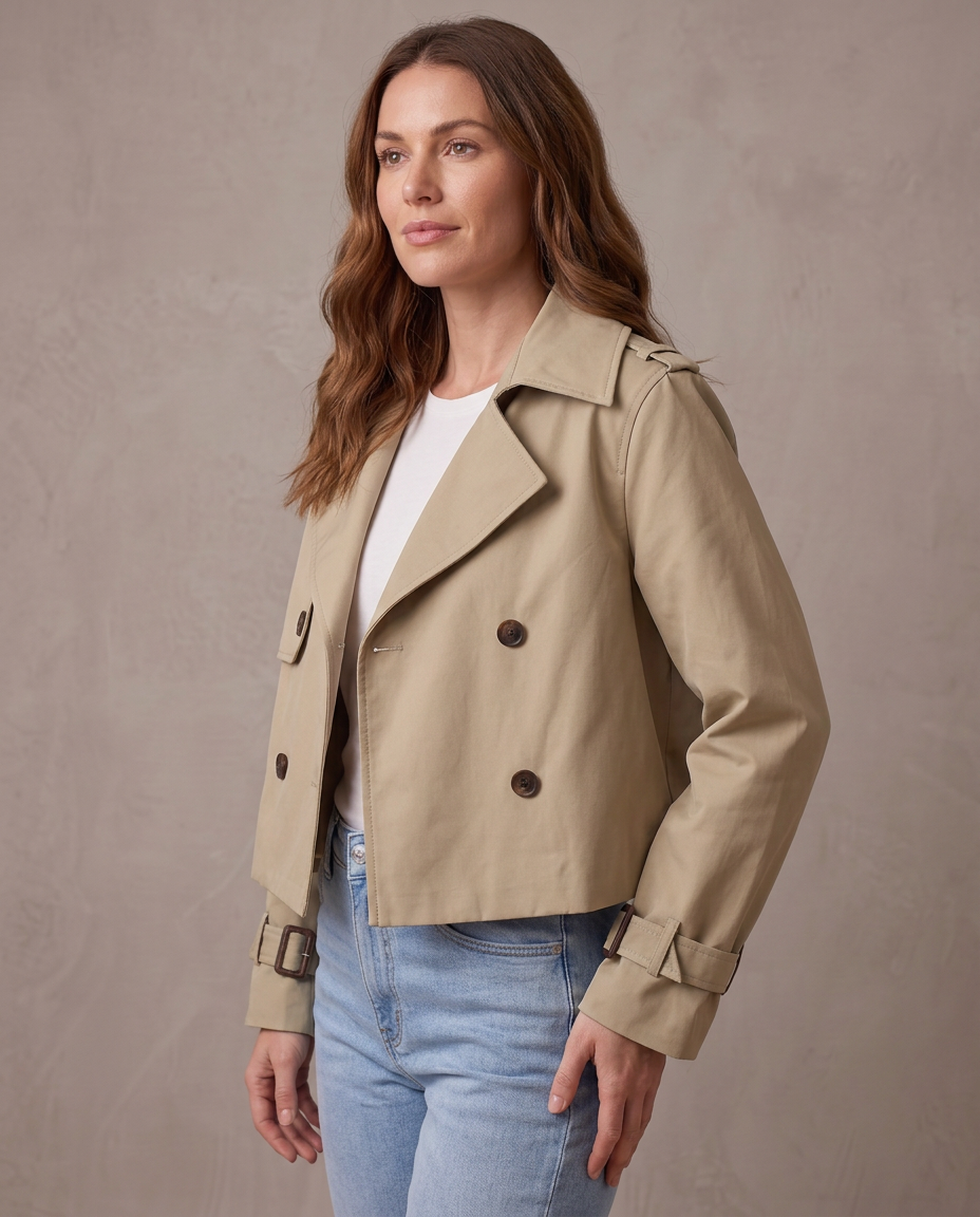 Gabardina corta cruzada Martina, vista de tres cuartos - Caqui