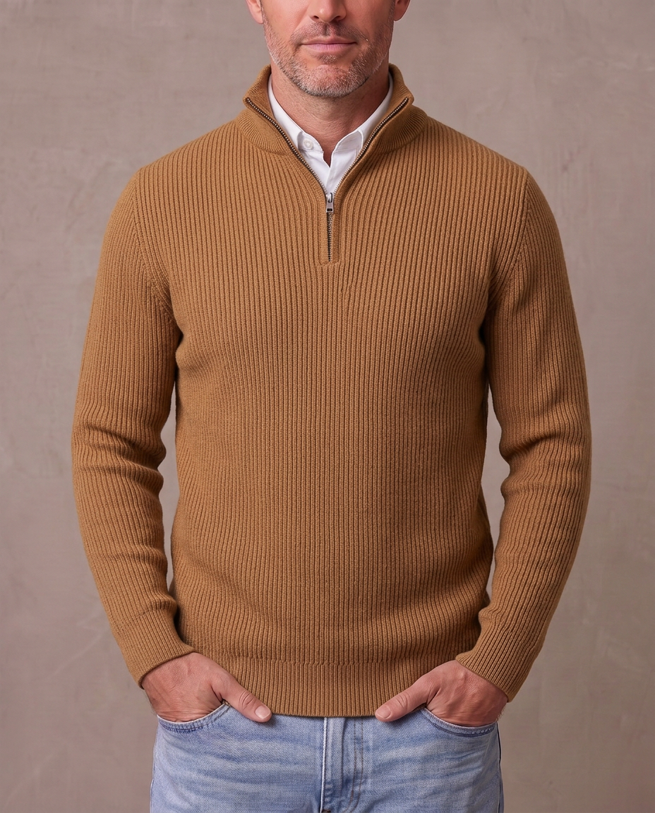 Jersey de canalé con media cremallera Gonzalo - Camel