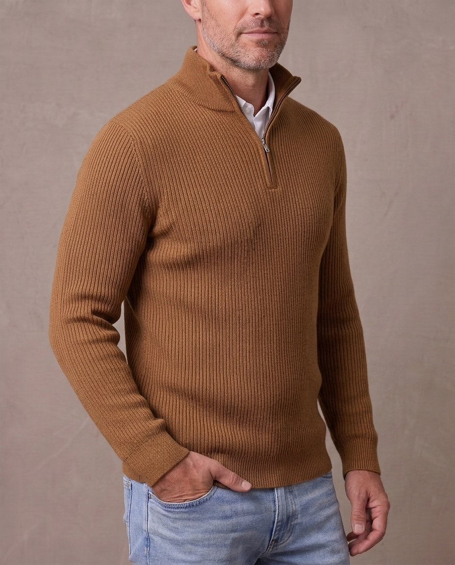 Jersey de canalé con media cremallera Gonzalo, vista de tres cuartos - Camel