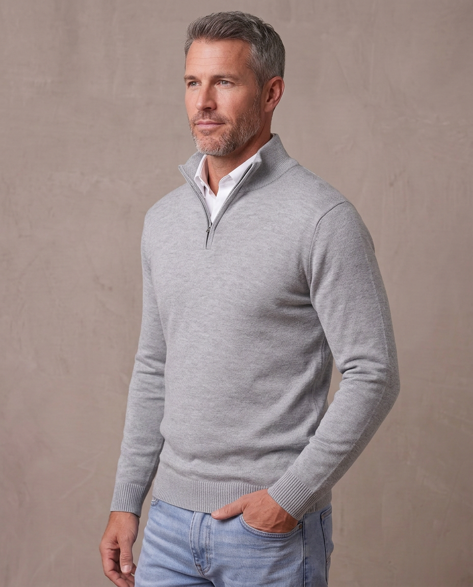 Jersey de punto fino con media cremallera Marcos, vista de tres cuartos - Gris claro