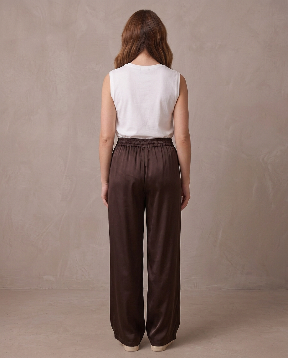 Pantalón ancho satinado de cintura elástica Begoña, otra vista - Chocolate