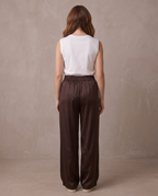 Pantalón ancho satinado de cintura elástica Begoña, otra vista - Chocolate