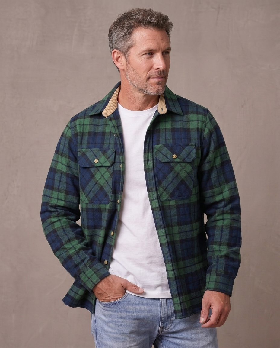Sobrecamisa de franela a cuadros Martín, vista de tres cuartos - Verde