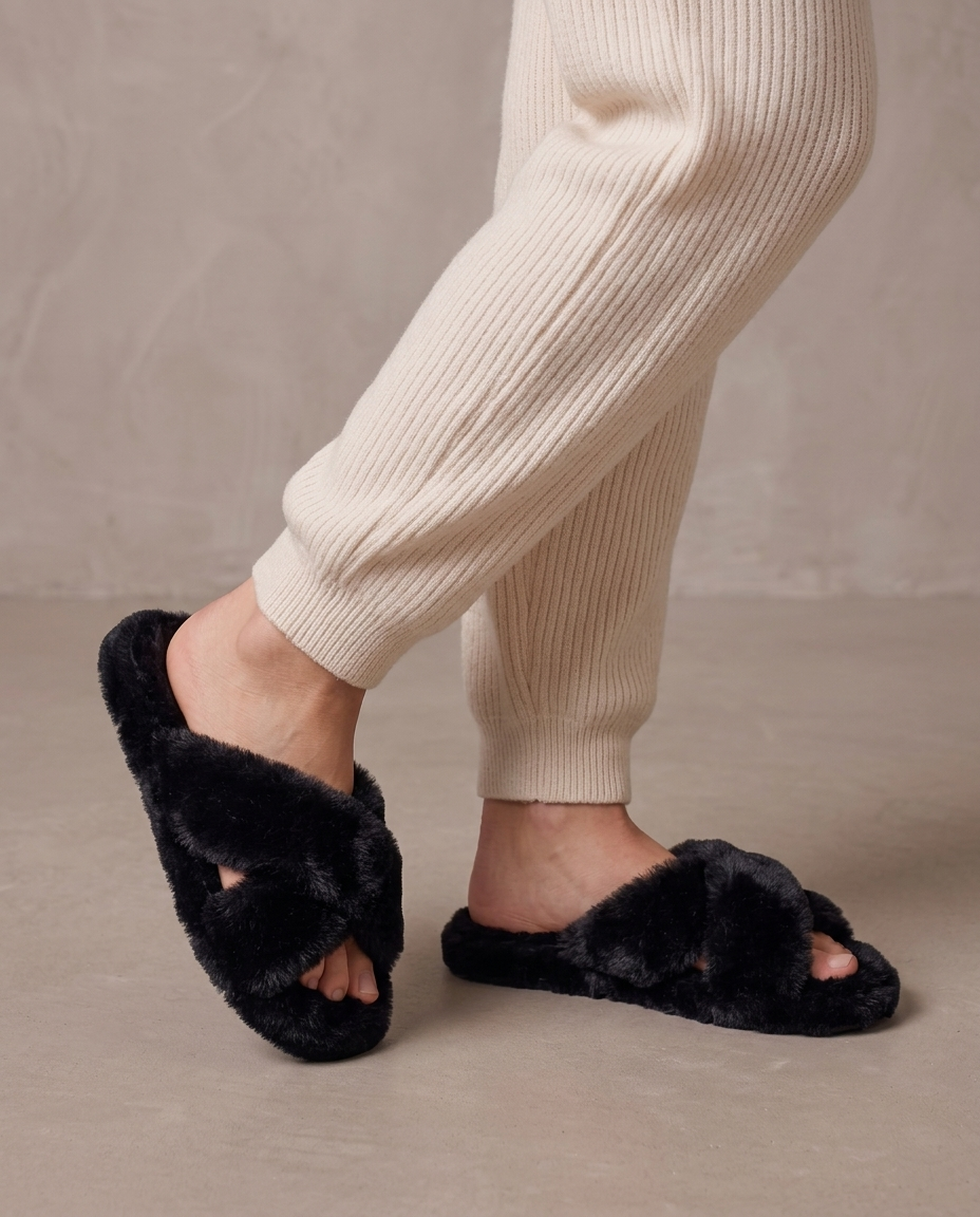 Zapatillas de casa de pelito Nerea, detalle - Negro