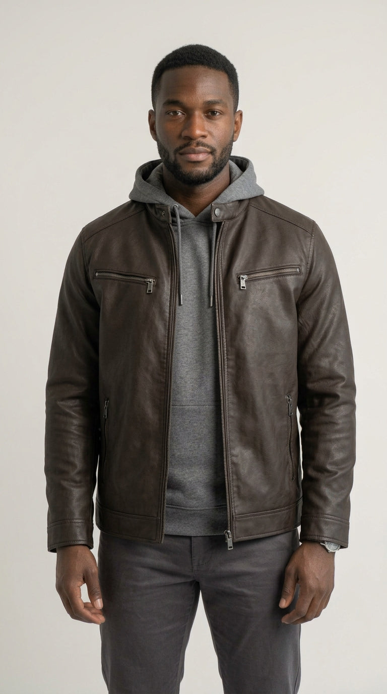 Mason Roadster Jacket - chaqueta motera de piel sintética marrón oscuro modelada