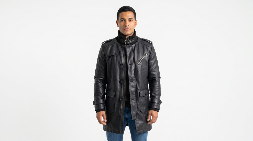 Sterling Leather Coat - modelo con abrigo de piel sintética con cuello alto y hebilla