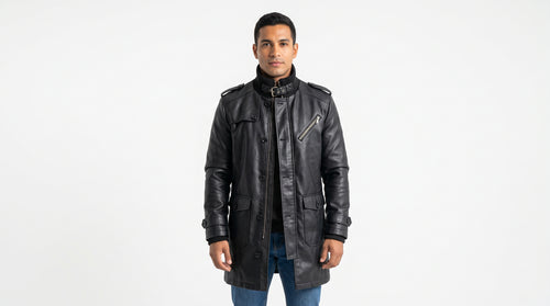 Sterling Leather Coat - modelo con abrigo de piel sintética con cuello alto y hebilla